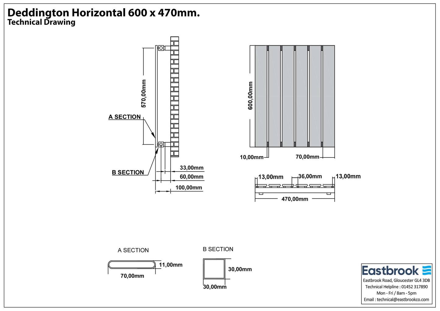 Eastbrook Deddington Chrome Horizontal Single Panel Designer Radiator 600mm x 470mm Technical Image 89.1508