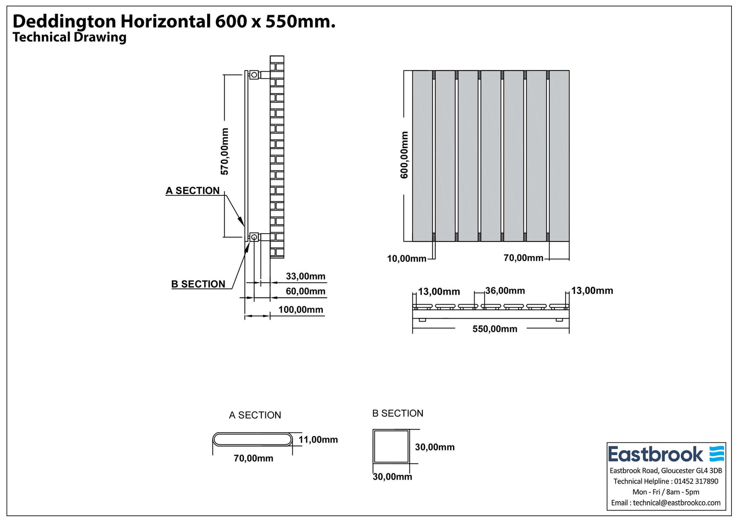 Eastbrook Deddington Chrome Horizontal Single Panel Designer Radiator 600mm x 550mm Technical Image 89.1509