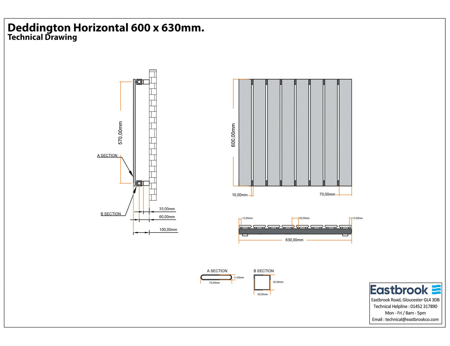 Eastbrook Deddington Chrome Horizontal Single Panel Designer Radiator 600mm x 630mm Technical Image 89.0797