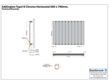 Eastbrook Deddington Chrome Horizontal Single Panel Designer Radiator 600mm x 790mm Technical Image 89.0798