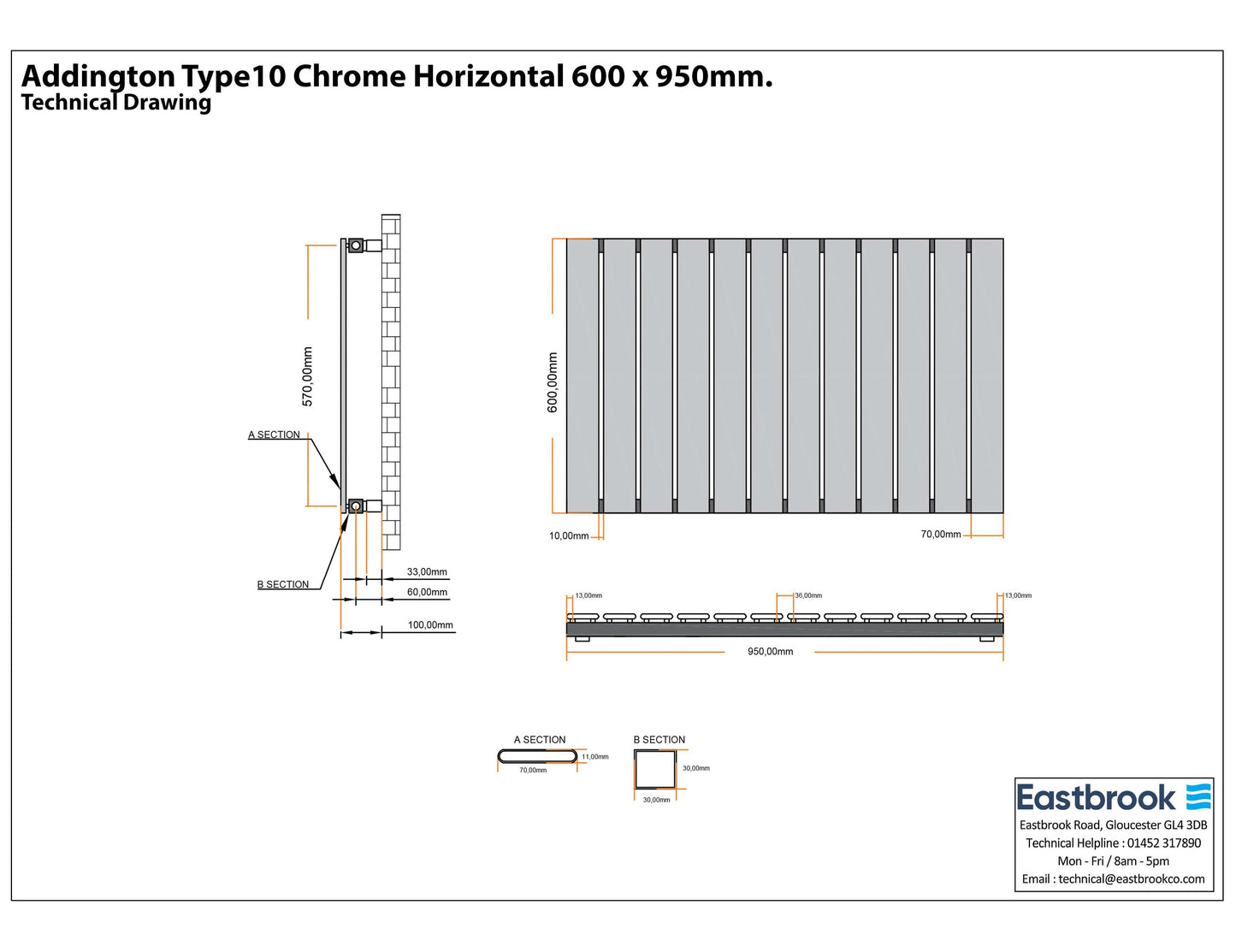 Eastbrook Deddington Chrome Horizontal Single Panel Designer Radiator 600mm x 950mm Technical Image 89.0799