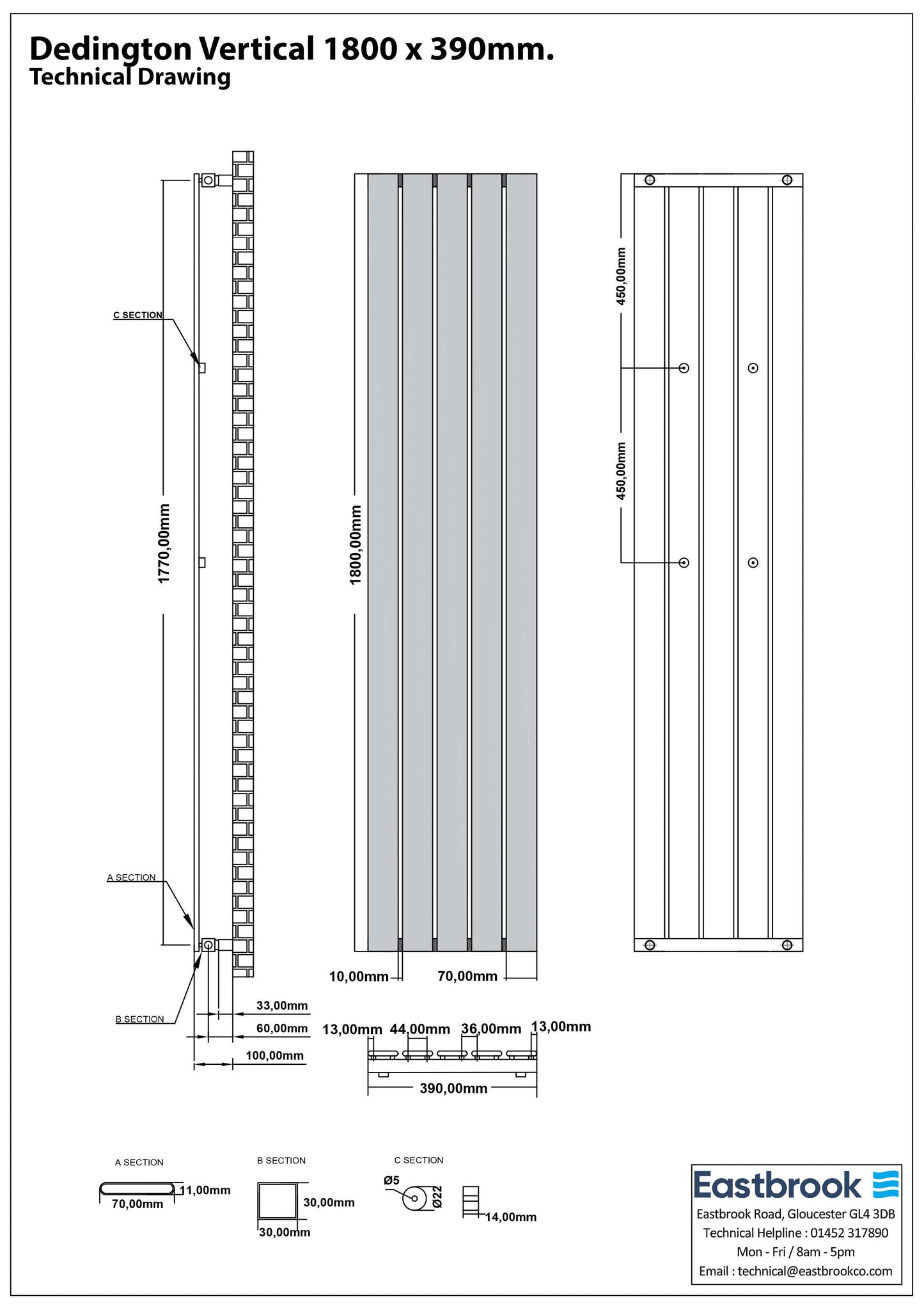 Eastbrook Deddington Chrome Vertical Single Panel Designer Radiator 1800mm x 390mm Technical Image 89.1523