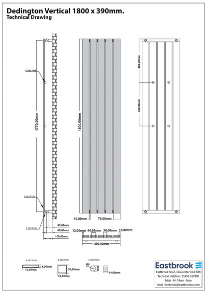 Eastbrook Deddington Chrome Vertical Single Panel Designer Radiator 1800mm x 390mm Technical Image 89.1523