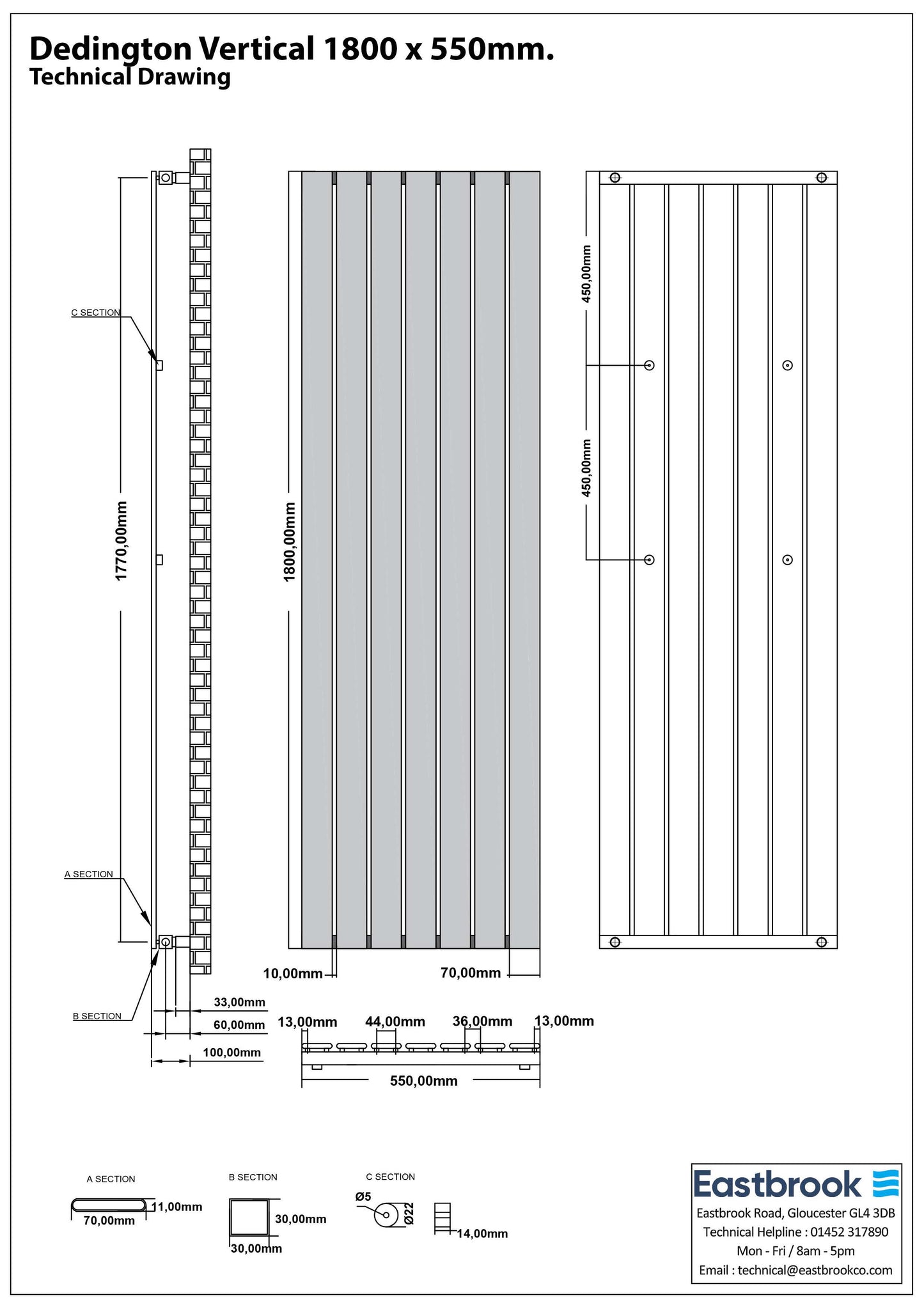 Eastbrook Deddington Chrome Vertical Single Panel Designer Radiator 1800mm x 550mm Technical Image 89.1524