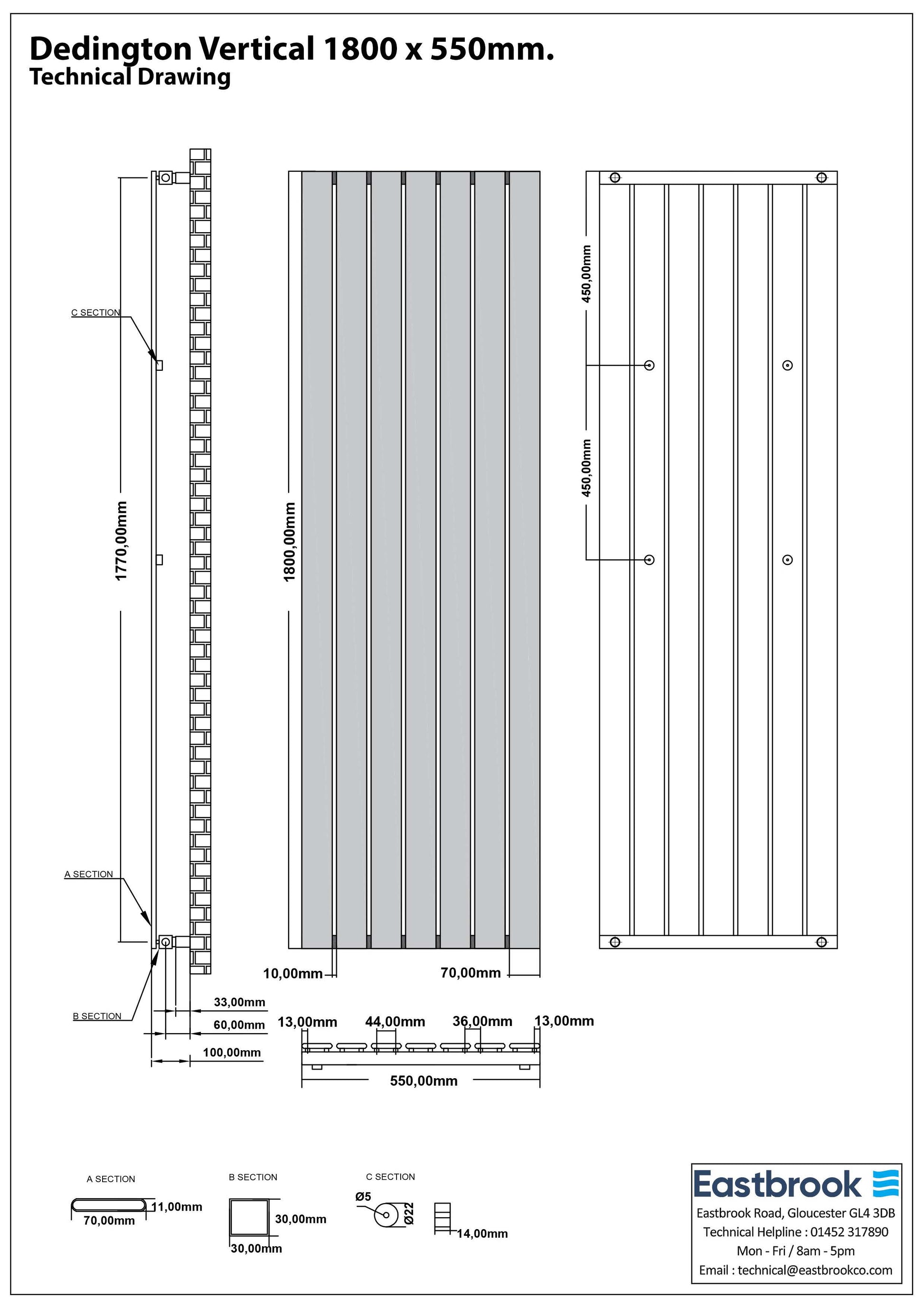 Eastbrook Deddington Chrome Vertical Single Panel Designer Radiator 1800mm x 550mm Technical Image 89.1524