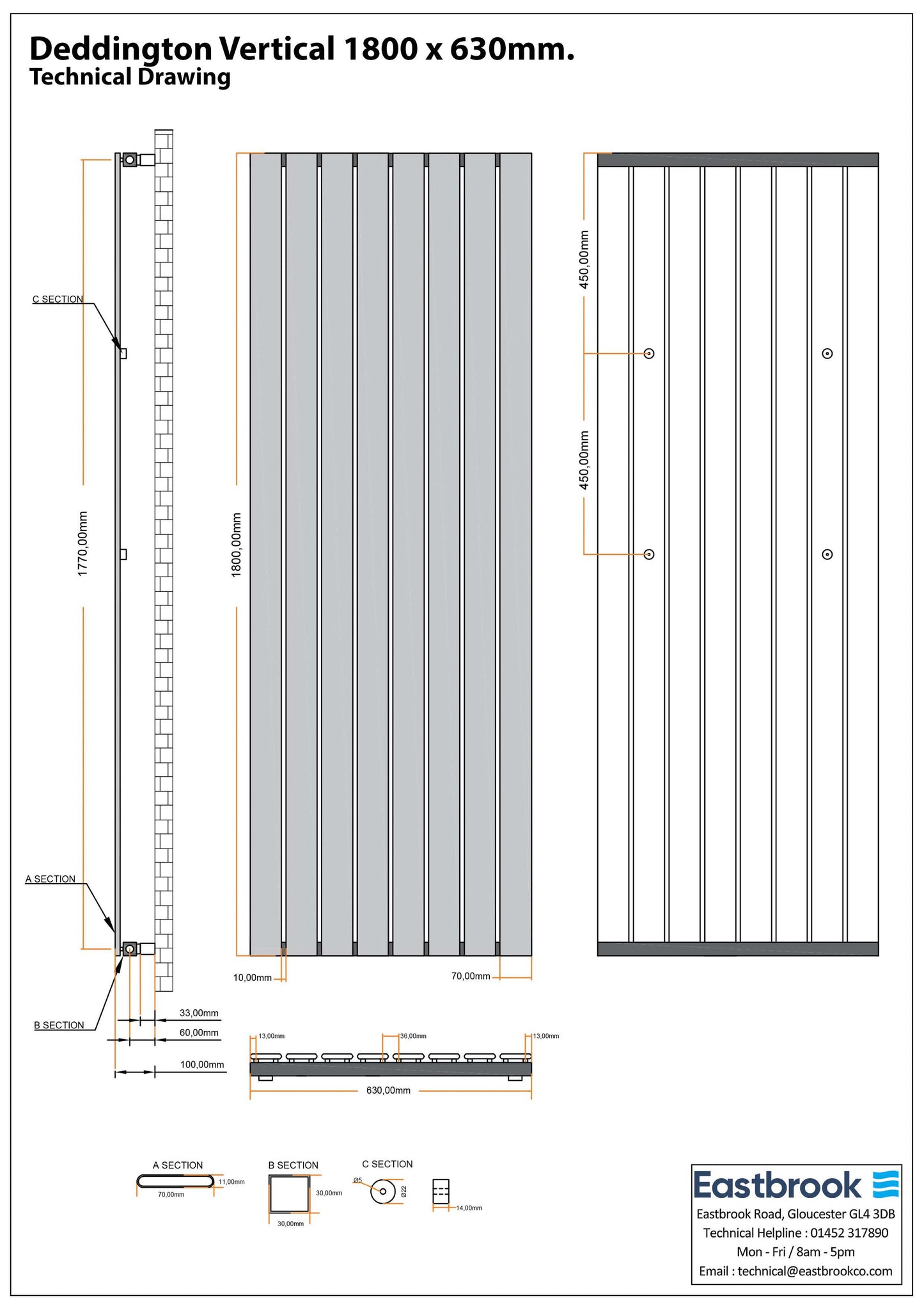 Eastbrook Deddington Chrome Vertical Single Panel Designer Radiator 1800mm x 630mm Technical Image 89.0796