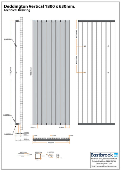 Eastbrook Deddington Chrome Vertical Single Panel Designer Radiator 1800mm x 630mm Technical Image 89.0796