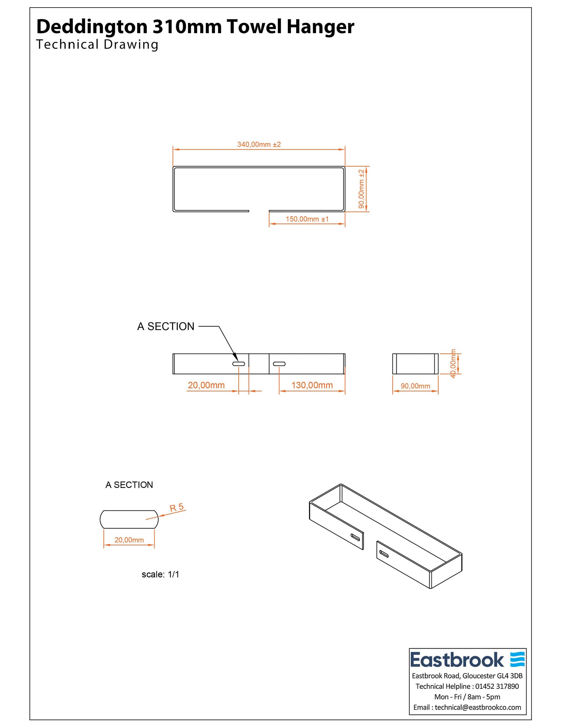 Eastbrook Deddington Gloss White Towel Hanger 310mm Technical Image 89.0876