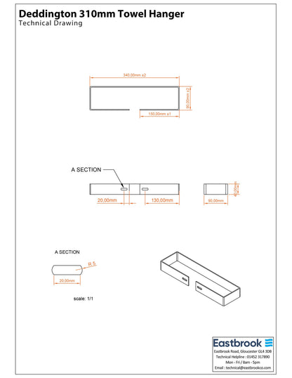Eastbrook Deddington Gloss White Towel Hanger 310mm Technical Image 89.0876