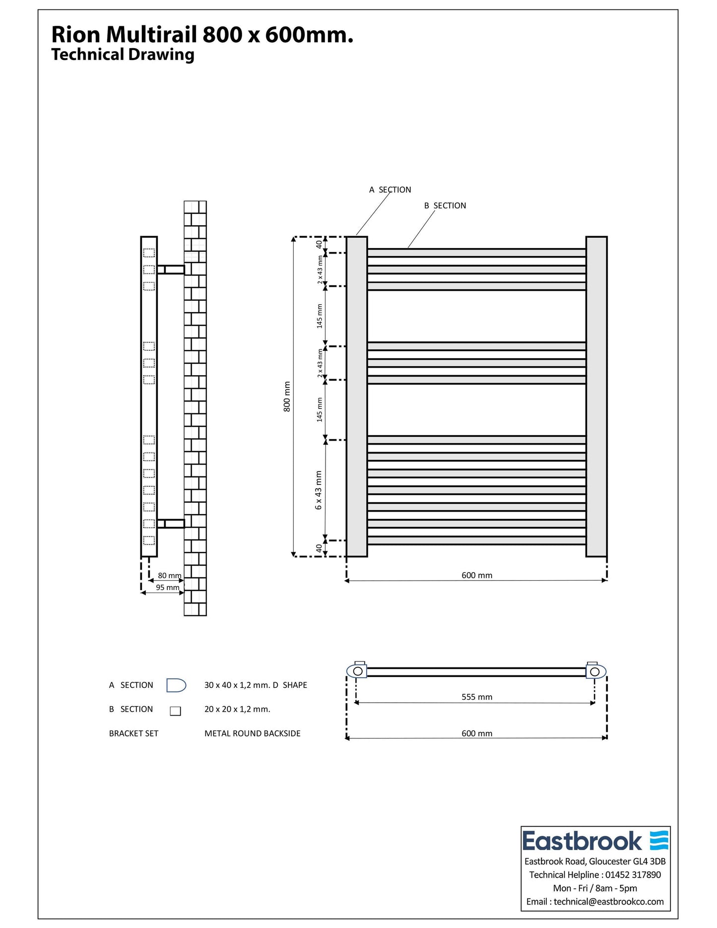 Eastbrook Rion Electric Straight Chrome Towel Rail 800mm x 600mm Technical Image 89.1690-ELE