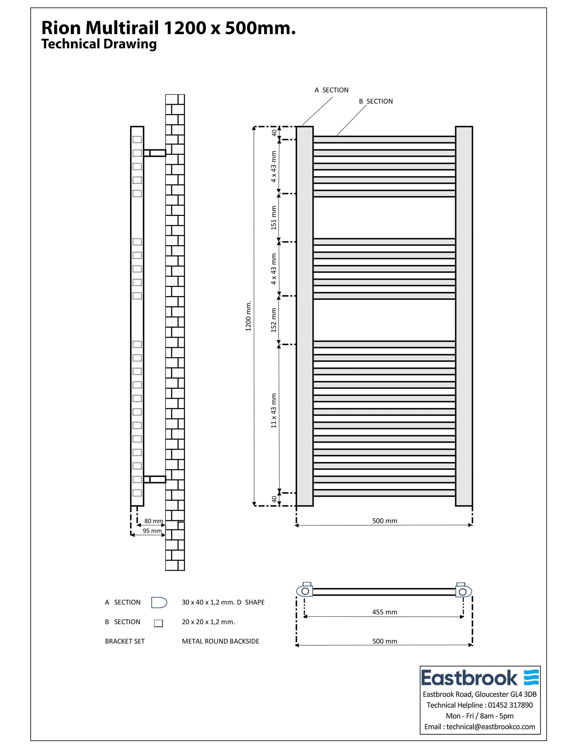 Eastbrook Rion Electric Straight Gloss White Towel Rail 1200mm x 500mm Technical Image 89.1673-ELE