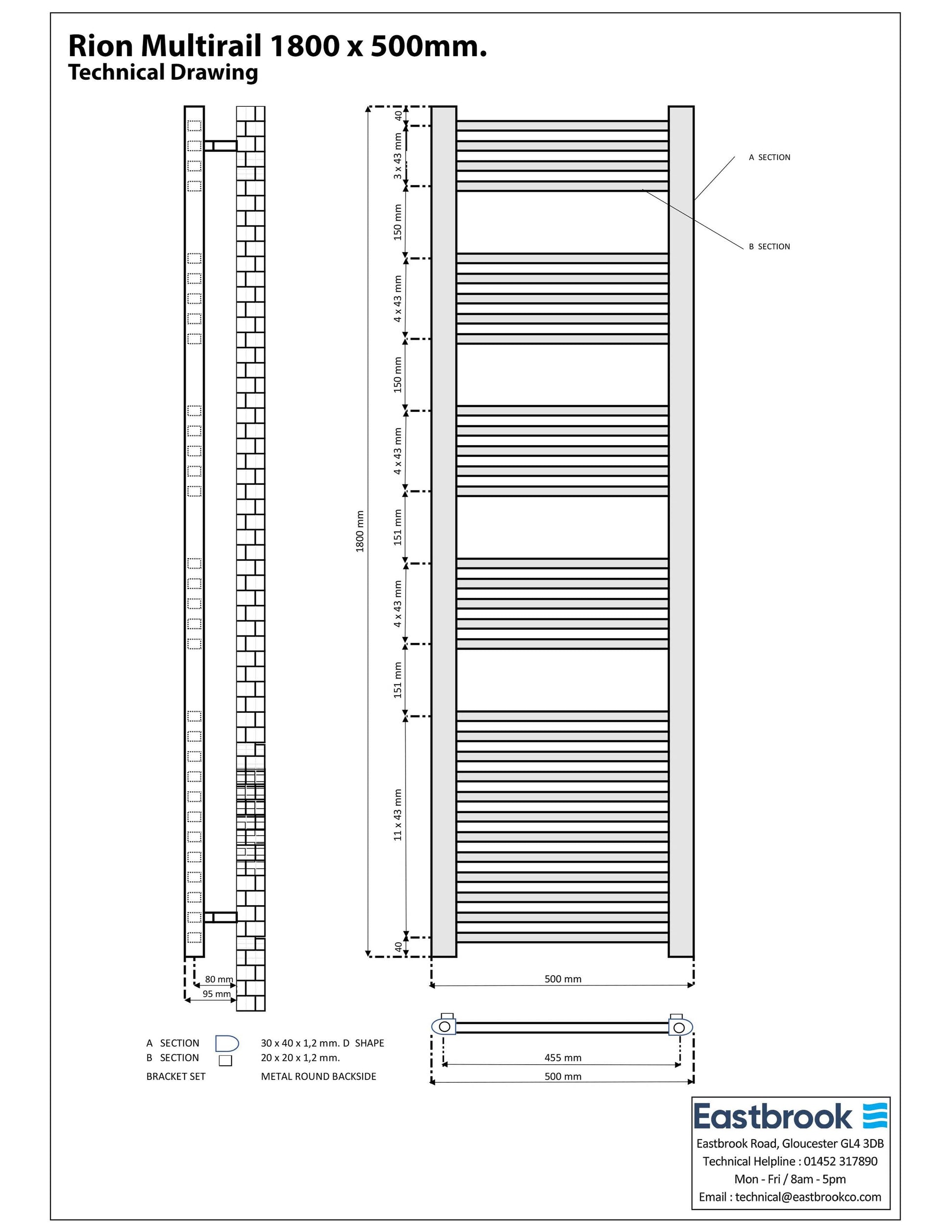 Eastbrook Rion Electric Straight Gloss White Towel Rail 1800mm x 500mm Technical Image 89.1675-ELE