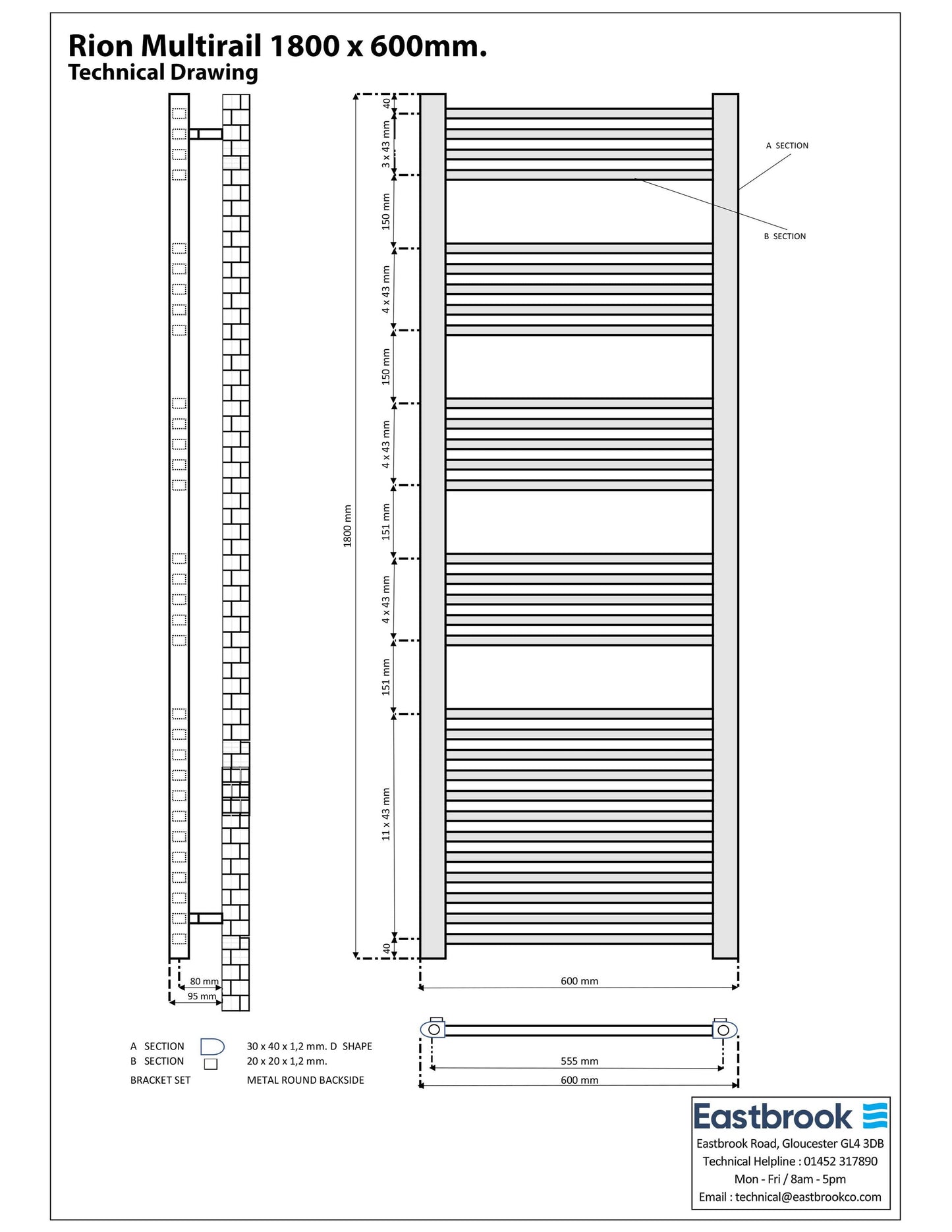 Eastbrook Rion Electric Straight Gloss White Towel Rail 1800mm x 600mm Technical Image 89.1676-ELE