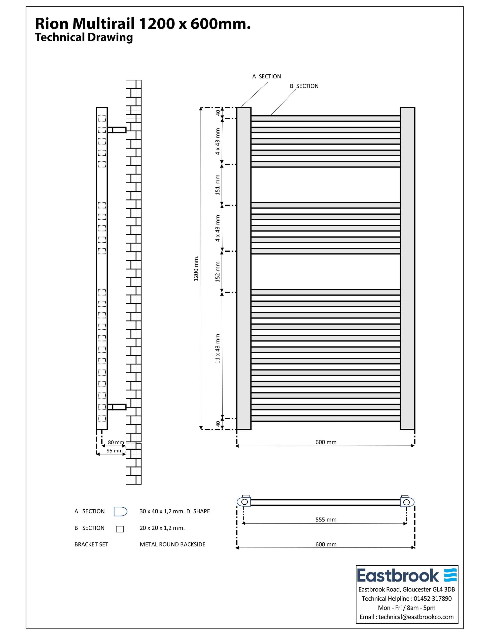 Eastbrook Rion Electric Straight Matt Black Towel Rail 1200mm x 600mm Technical Image 89.1686-ELE