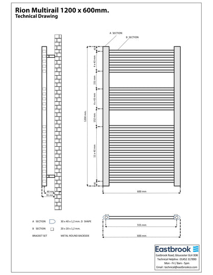 Eastbrook Rion Electric Straight Matt Black Towel Rail 1200mm x 600mm Technical Image 89.1686-ELE