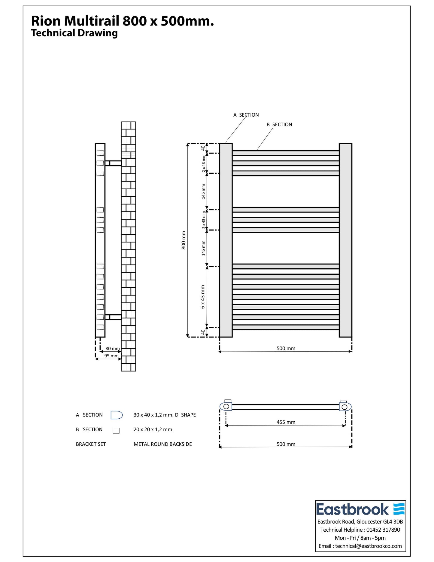 Eastbrook Rion Straight Matt Anthracite Towel Rail 800mm x 500mm Technical Image 89.1677