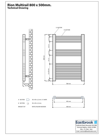 Eastbrook Rion Straight Matt Anthracite Towel Rail 800mm x 500mm Technical Image 89.1677