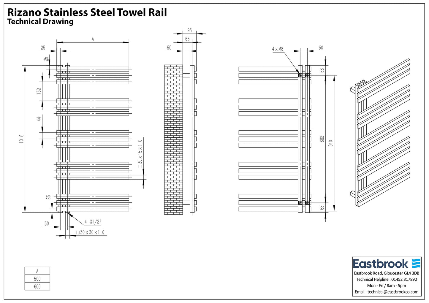 Eastbrook Rizano Electric Polished Stainless Steel Towel Rail 1000mm x 500mm Technical Image 41.0250-ELE