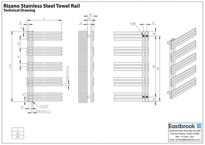 Eastbrook Rizano Electric Polished Stainless Steel Towel Rail 1000mm x 500mm Technical Image 41.0250-ELE