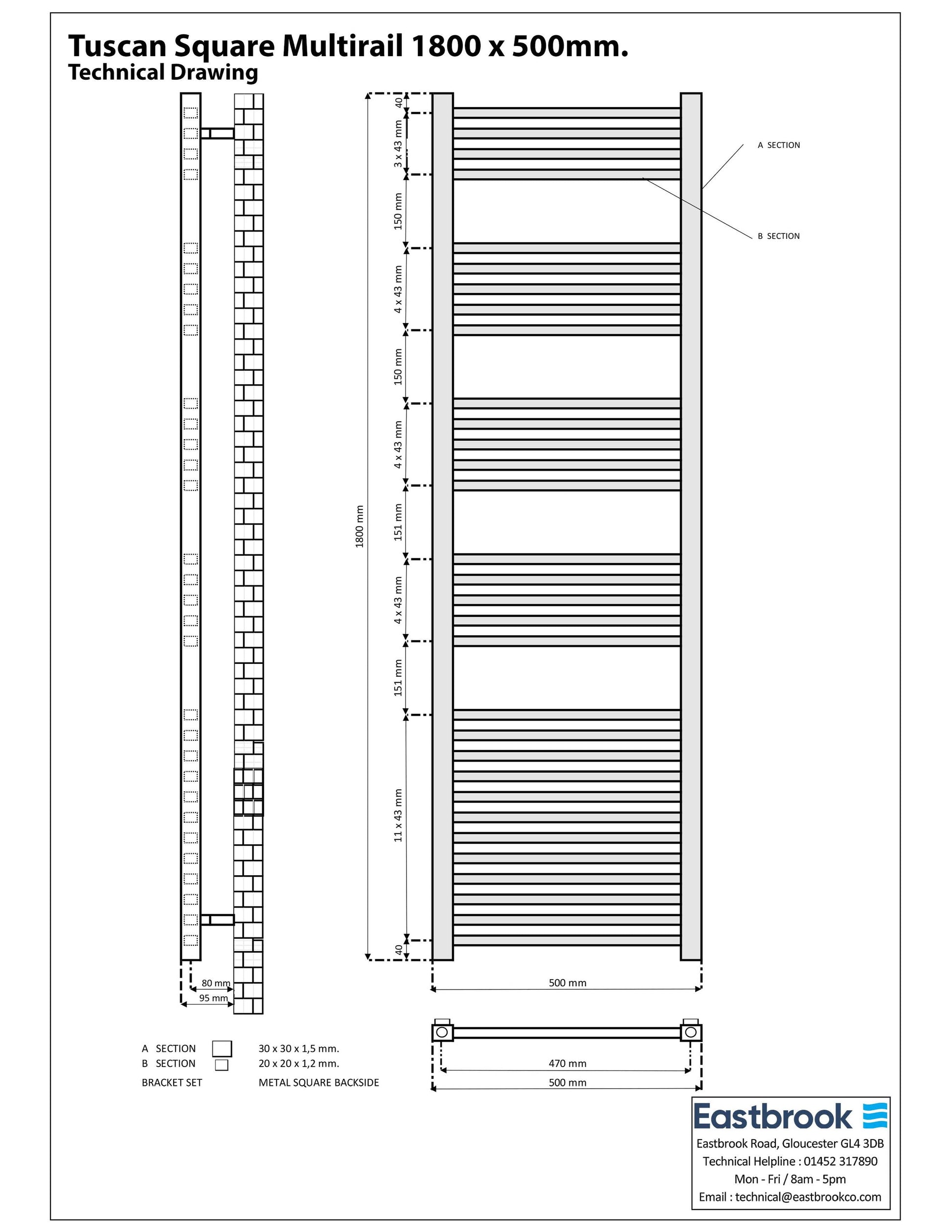 Eastbrook Tuscan Electric Multirail Square Chrome Towel Rail 1800mm x 500mm Technical Image 89.1669-ELE