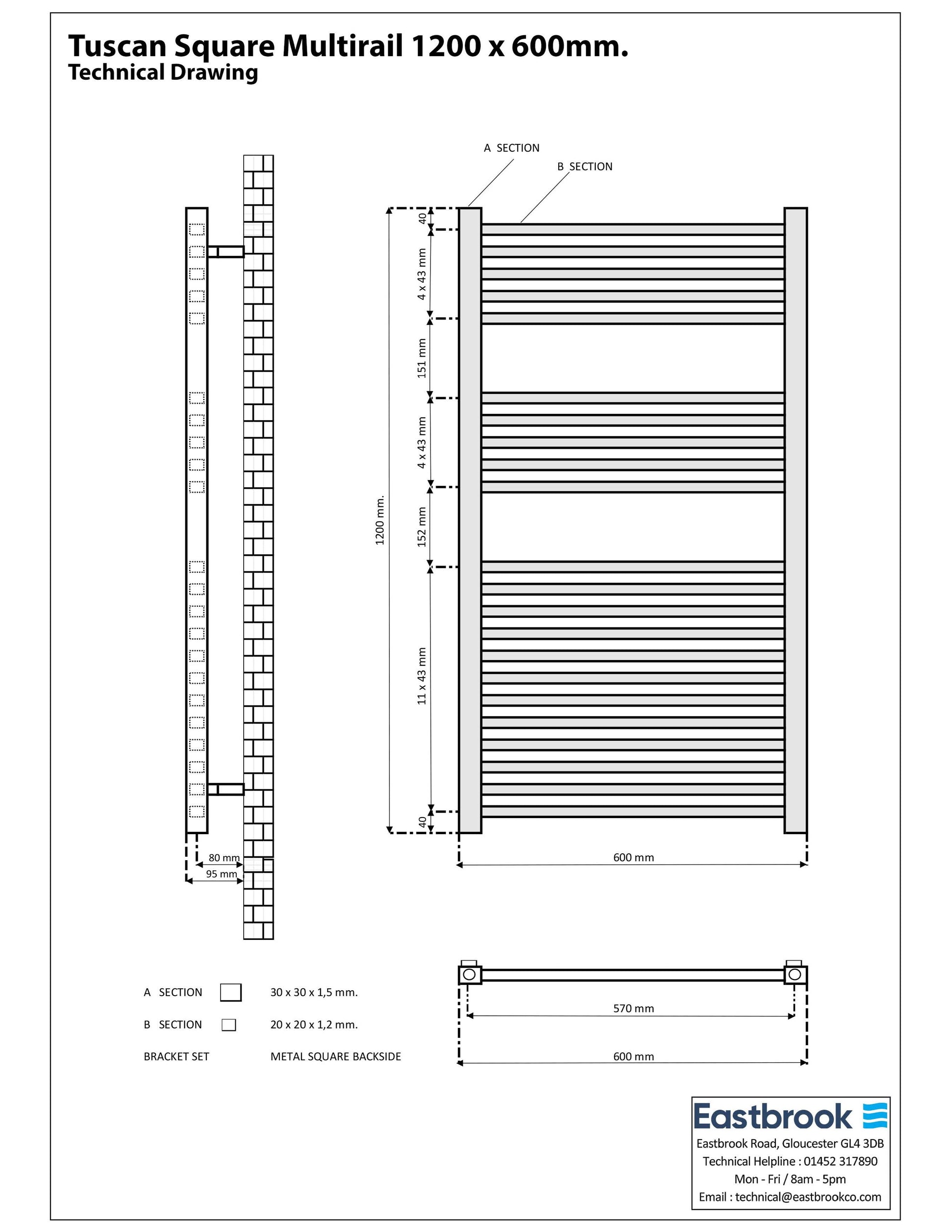 Eastbrook Tuscan Electric Multirail Square Gloss White Towel Rail 1200mm x 600mm Technical Image 89.1650-ELE