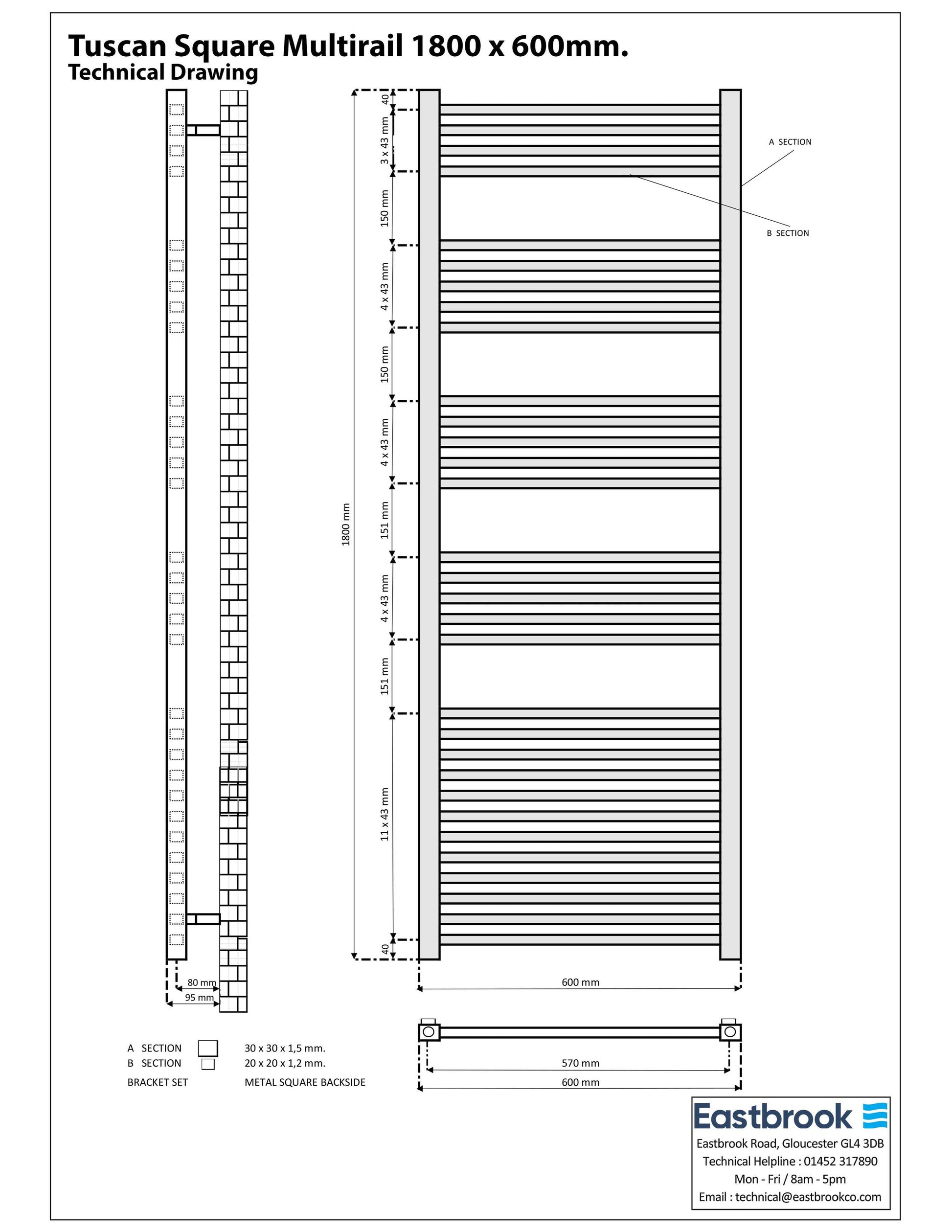 Eastbrook Tuscan Electric Multirail Square Gloss White Towel Rail 1800mm x 600mm Technical Image 89.1652-ELE