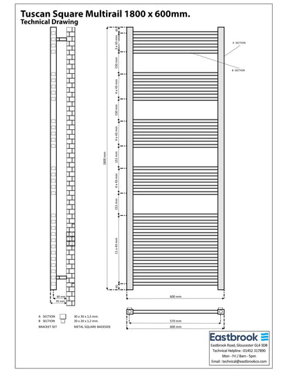 Eastbrook Tuscan Electric Multirail Square Gloss White Towel Rail 1800mm x 600mm Technical Image 89.1652-ELE