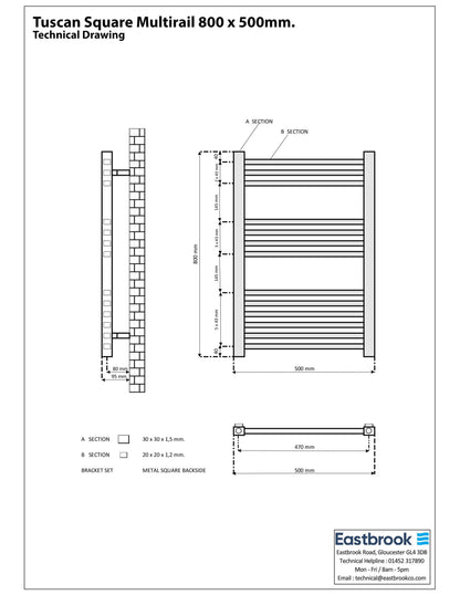 Eastbrook Tuscan Electric Multirail Square Gloss White Towel Rail 800mm x 500mm Technical Image 89.1647-ELE