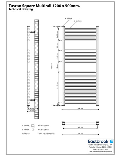 Eastbrook Tuscan Electric Multirail Square Matt Black Towel Rail 1200mm x 500mm Technical Image 89.1661-ELE