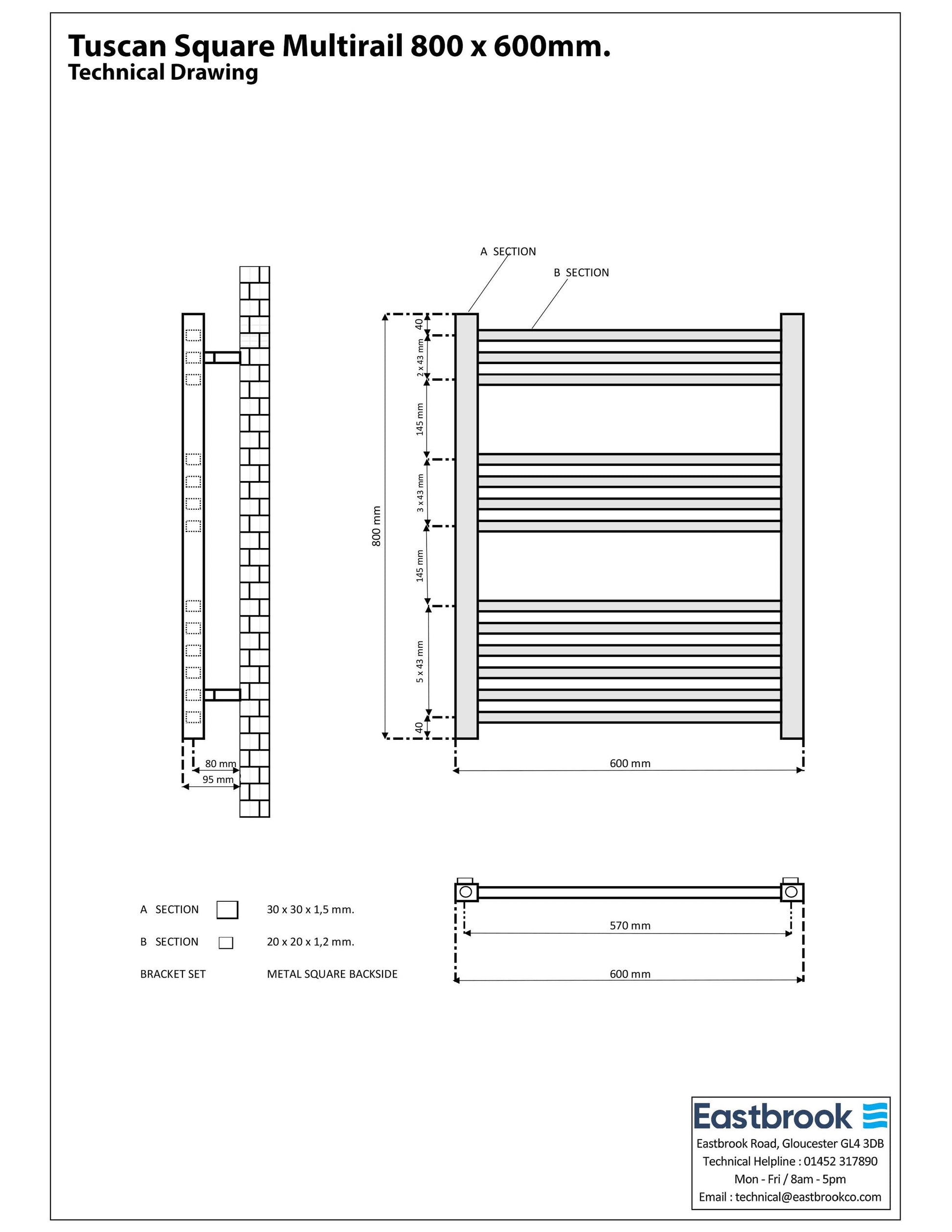 Eastbrook Tuscan Electric Multirail Square Matt Black Towel Rail 800mm x 600mm Technical Image 89.1660-ELE
