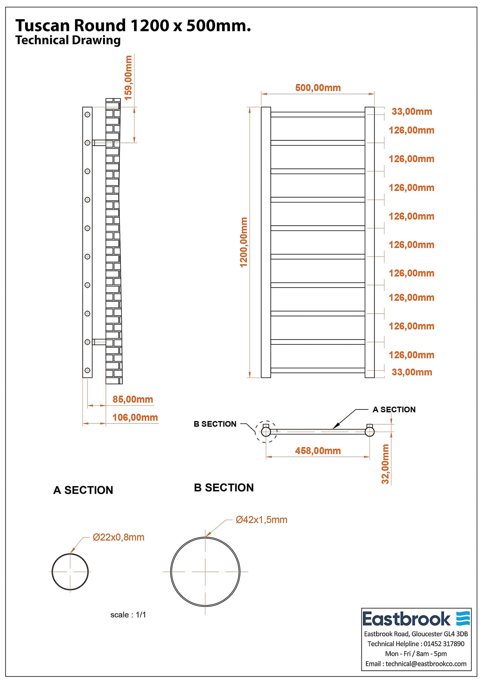 Eastbrook Tuscan Electric Round Straight Gloss White Towel Rail 1200mm x 500mm Technical Image 89.1574-ELE
