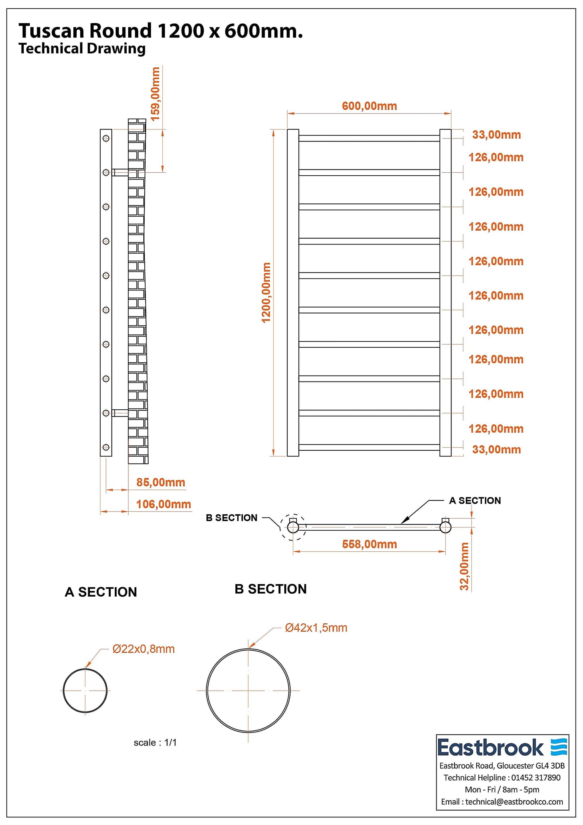Eastbrook Tuscan Electric Round Straight Gloss White Towel Rail 1200mm x 600mm Technical Image 89.1575-ELE