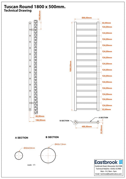 Eastbrook Tuscan Electric Round Straight Gloss White Towel Rail 1800mm x 500mm Technical Image 89.1576-ELE