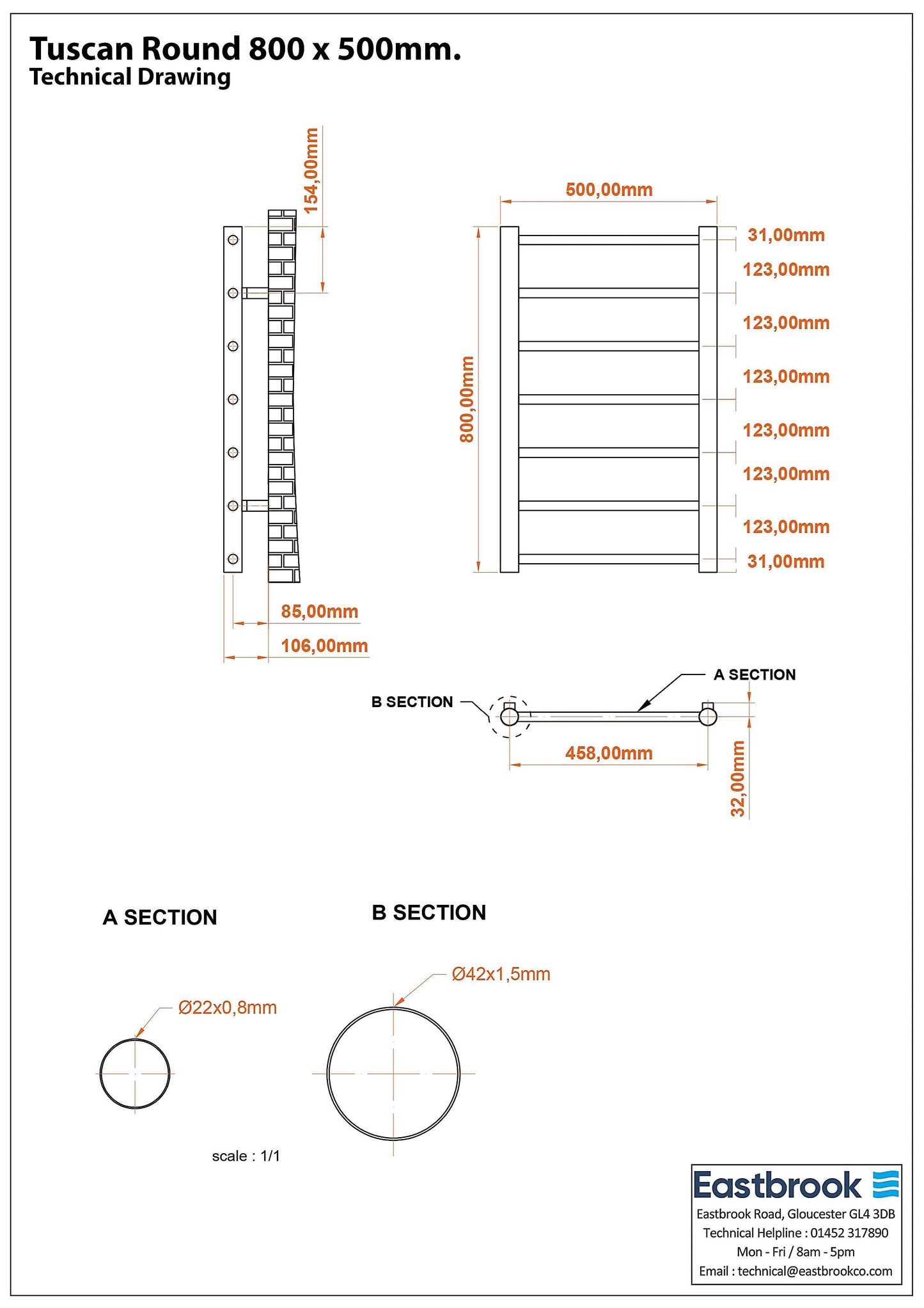 Eastbrook Tuscan Electric Round Straight Gloss White Towel Rail 800mm x 500mm Technical Image 89.1572-ELE