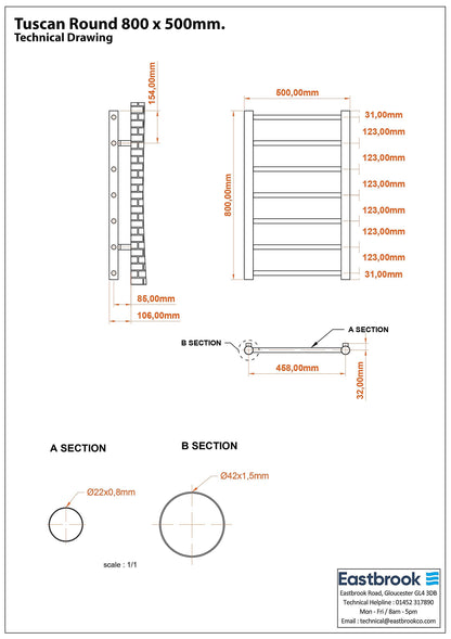 Eastbrook Tuscan Electric Round Straight Gloss White Towel Rail 800mm x 500mm Technical Image 89.1572-ELE