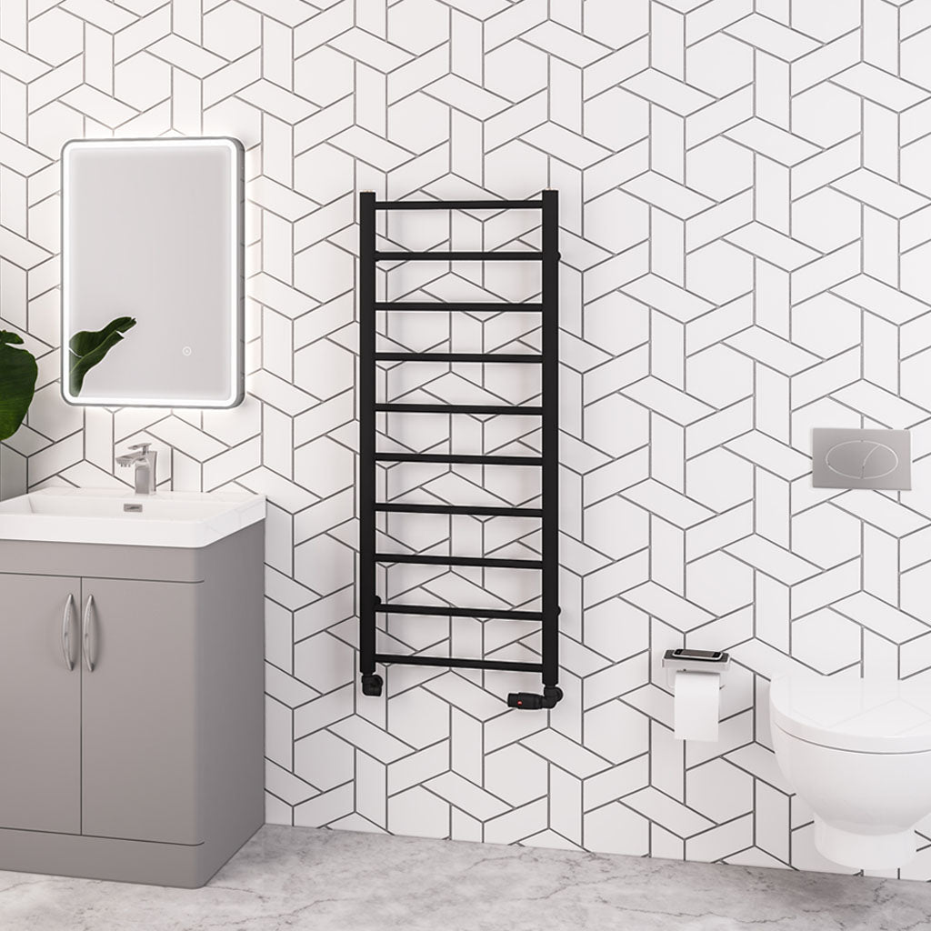 Eastbrook Tuscan Electric Round Straight Matt Black Towel Rail 1200mm x 500mm 89.1592-ELE