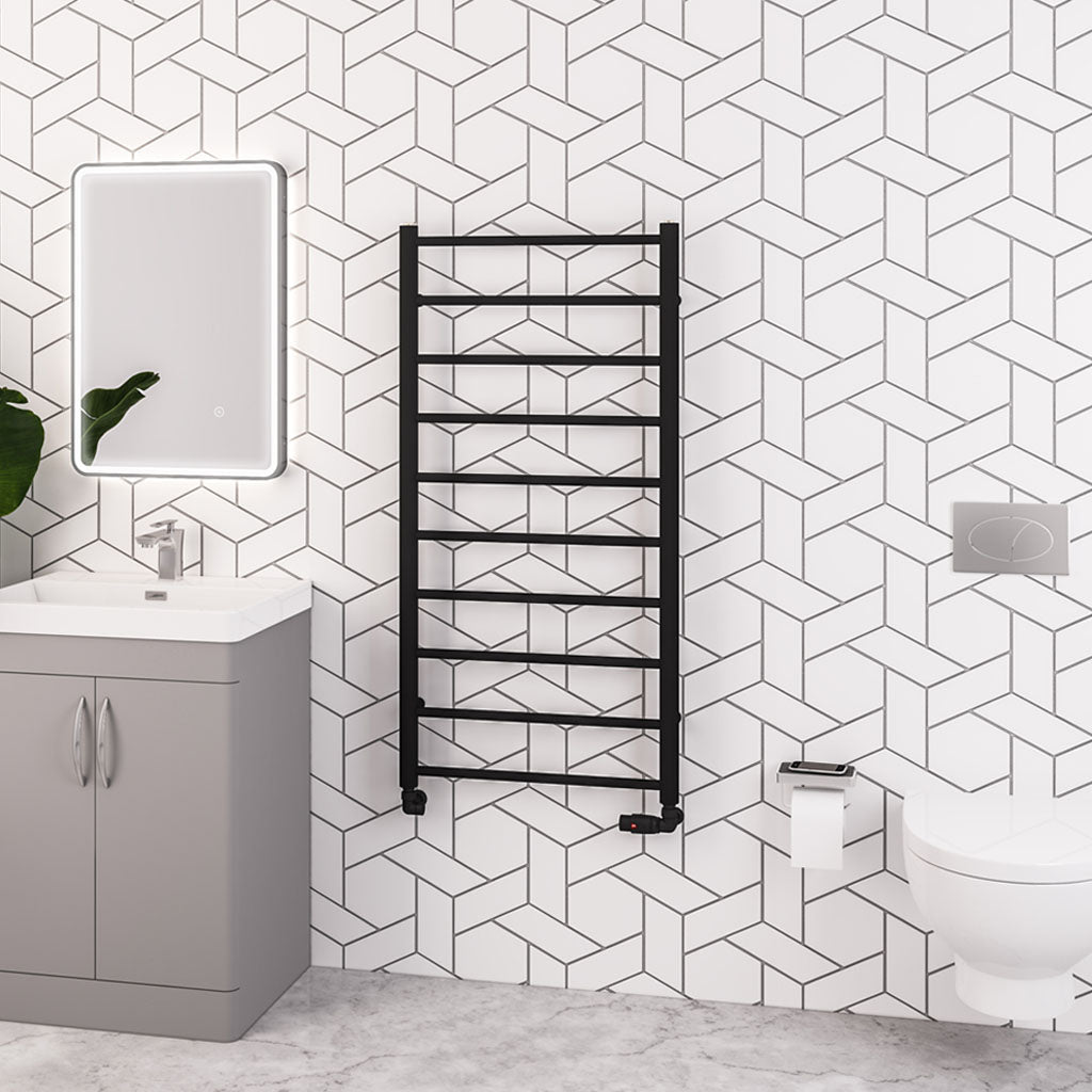 Eastbrook Tuscan Electric Round Straight Matt Black Towel Rail 1200mm x 600mm 89.1593-ELE