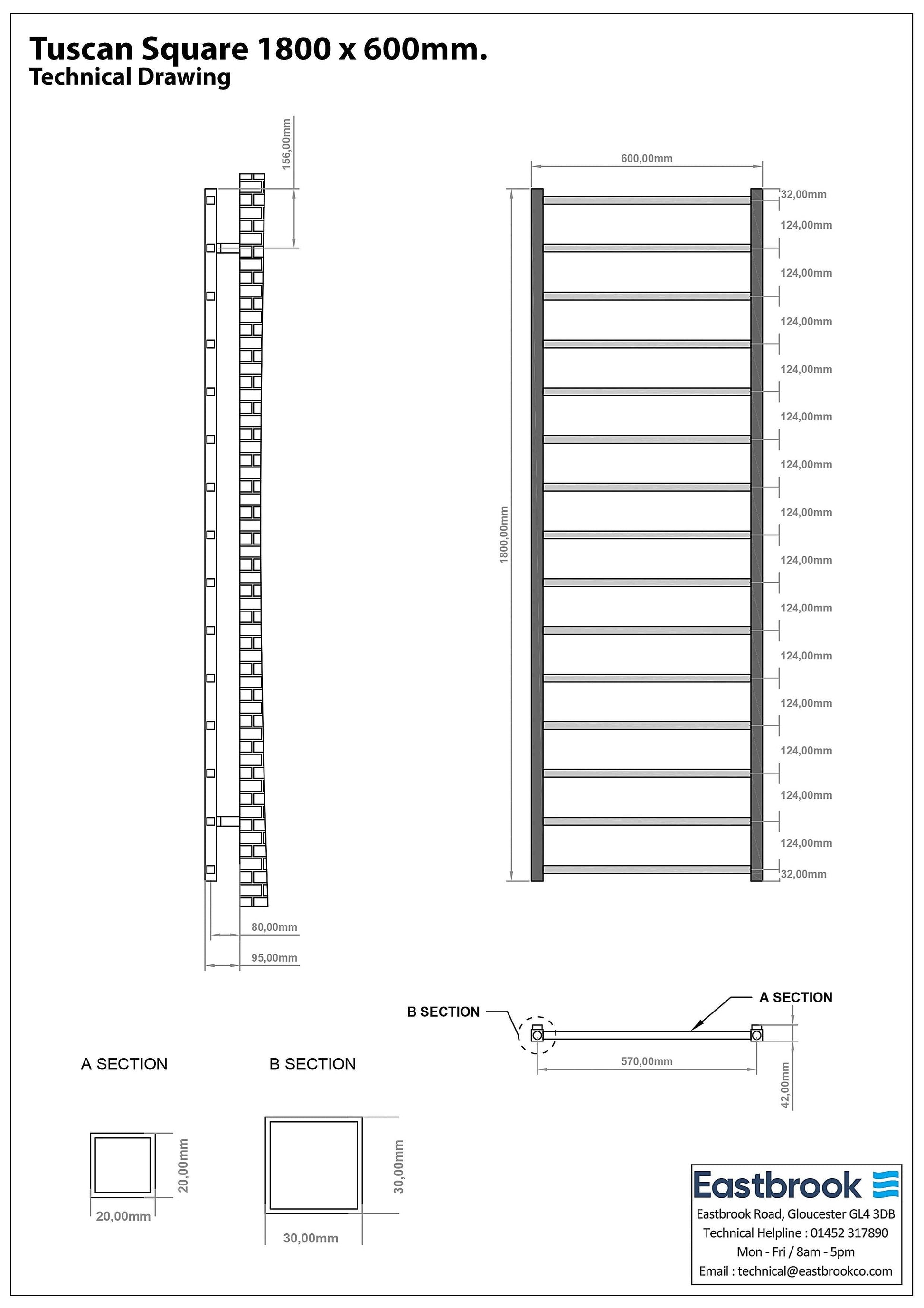 Eastbrook Tuscan Electric Square Chrome Towel Rail 1800mm x 600mm Technical Image 89.1273-ELE
