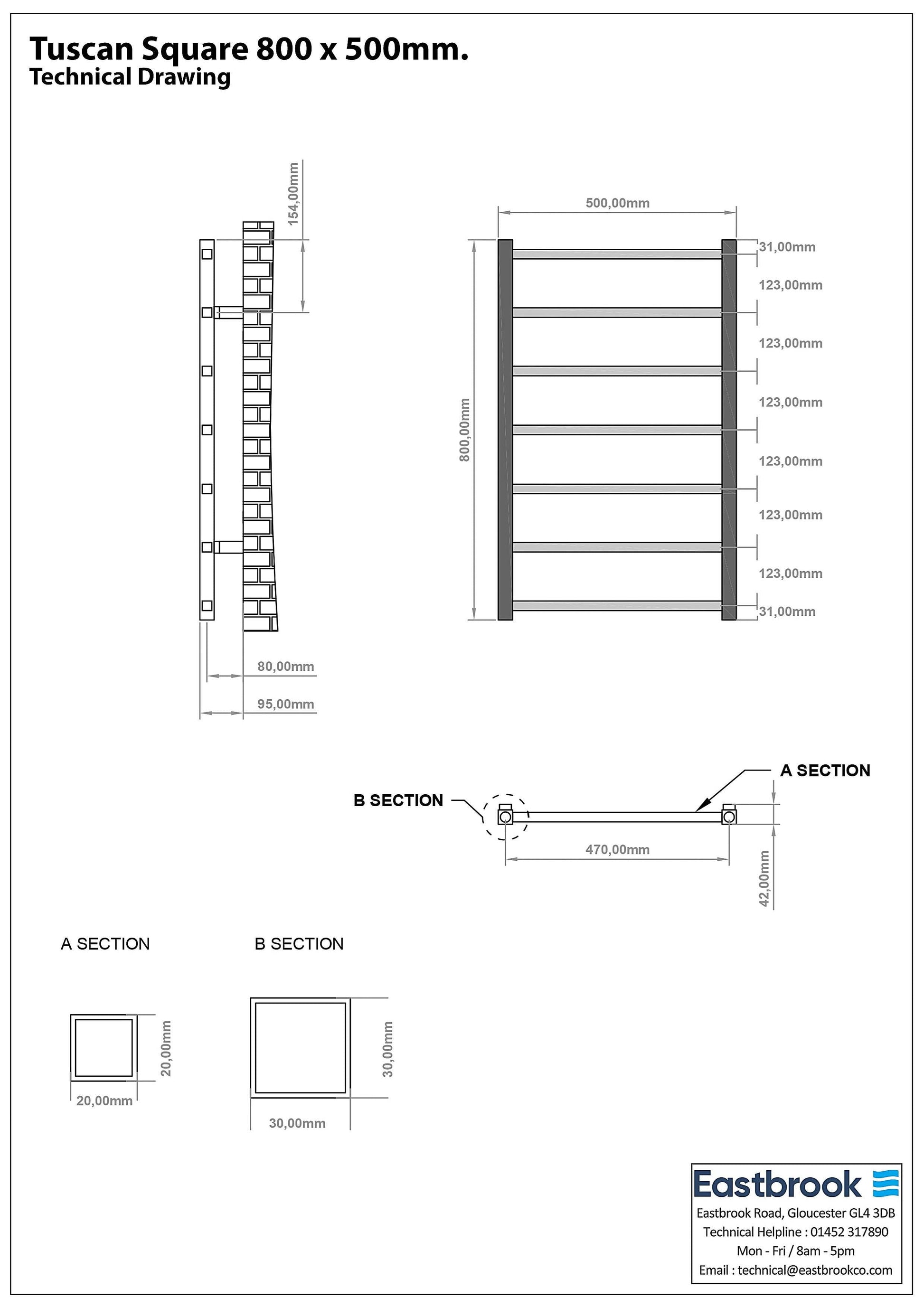 Eastbrook Tuscan Electric Square Chrome Towel Rail 800mm x 500mm Technical Image 89.1268-ELE