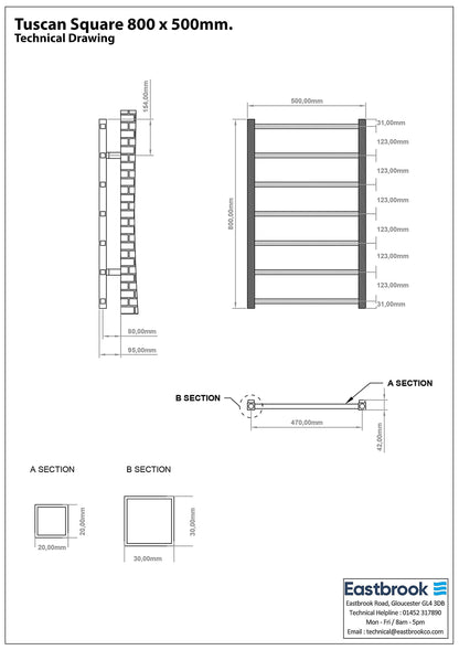Eastbrook Tuscan Electric Square Chrome Towel Rail 800mm x 500mm Technical Image 89.1268-ELE