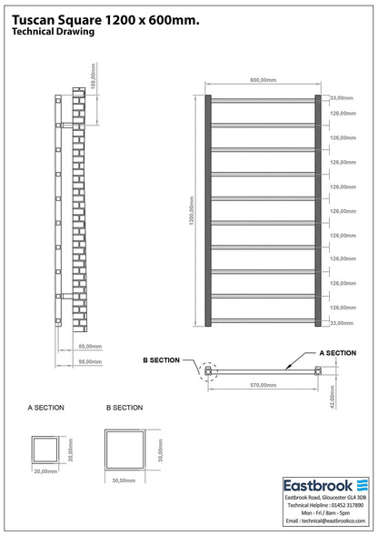 Eastbrook Tuscan Electric Square Gloss White Towel Rail 1200mm x 600mm Technical Image 89.1247-ELE