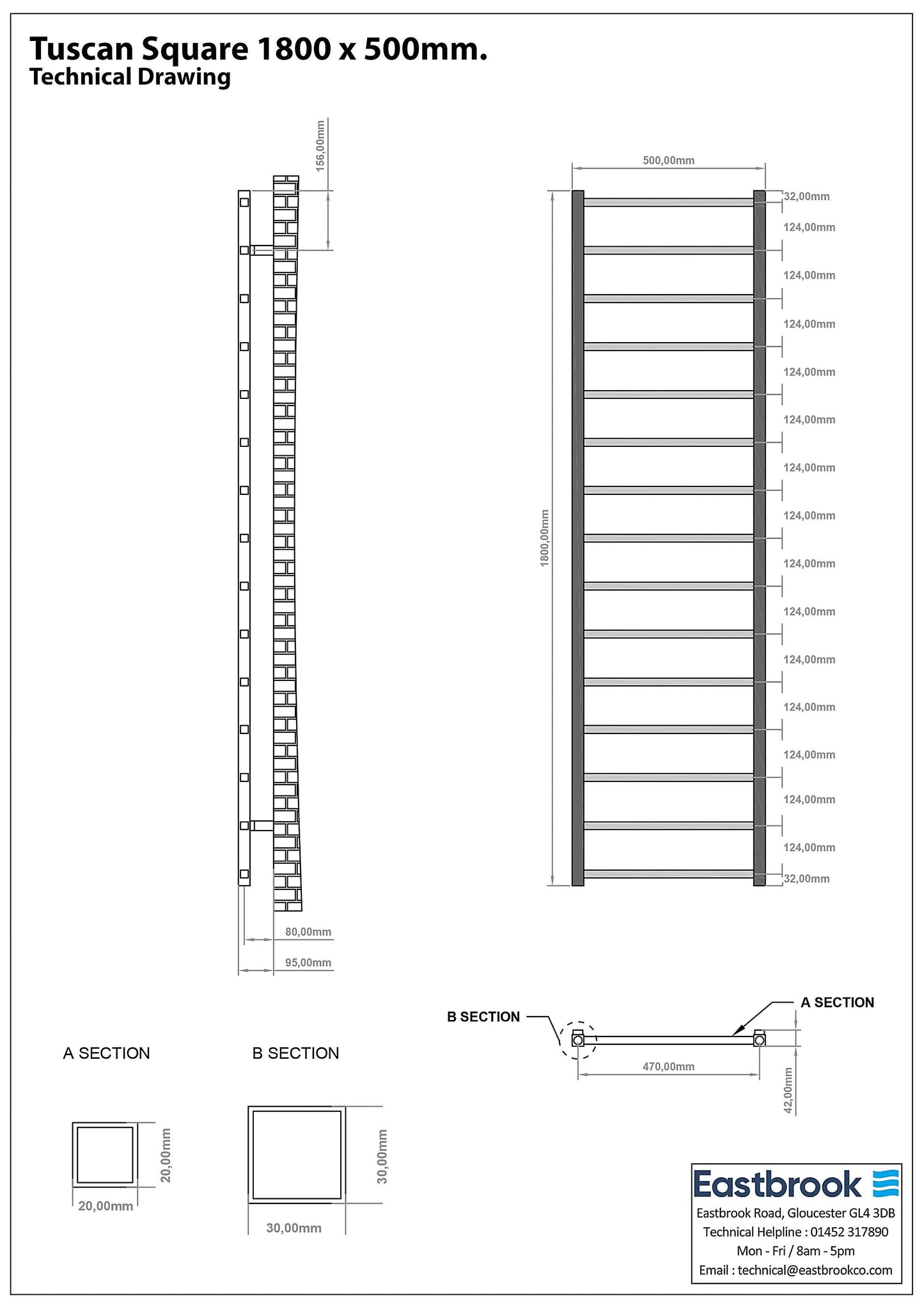 Eastbrook Tuscan Electric Square Gloss White Towel Rail 1800mm x 500mm Technical Image 89.1248-ELE