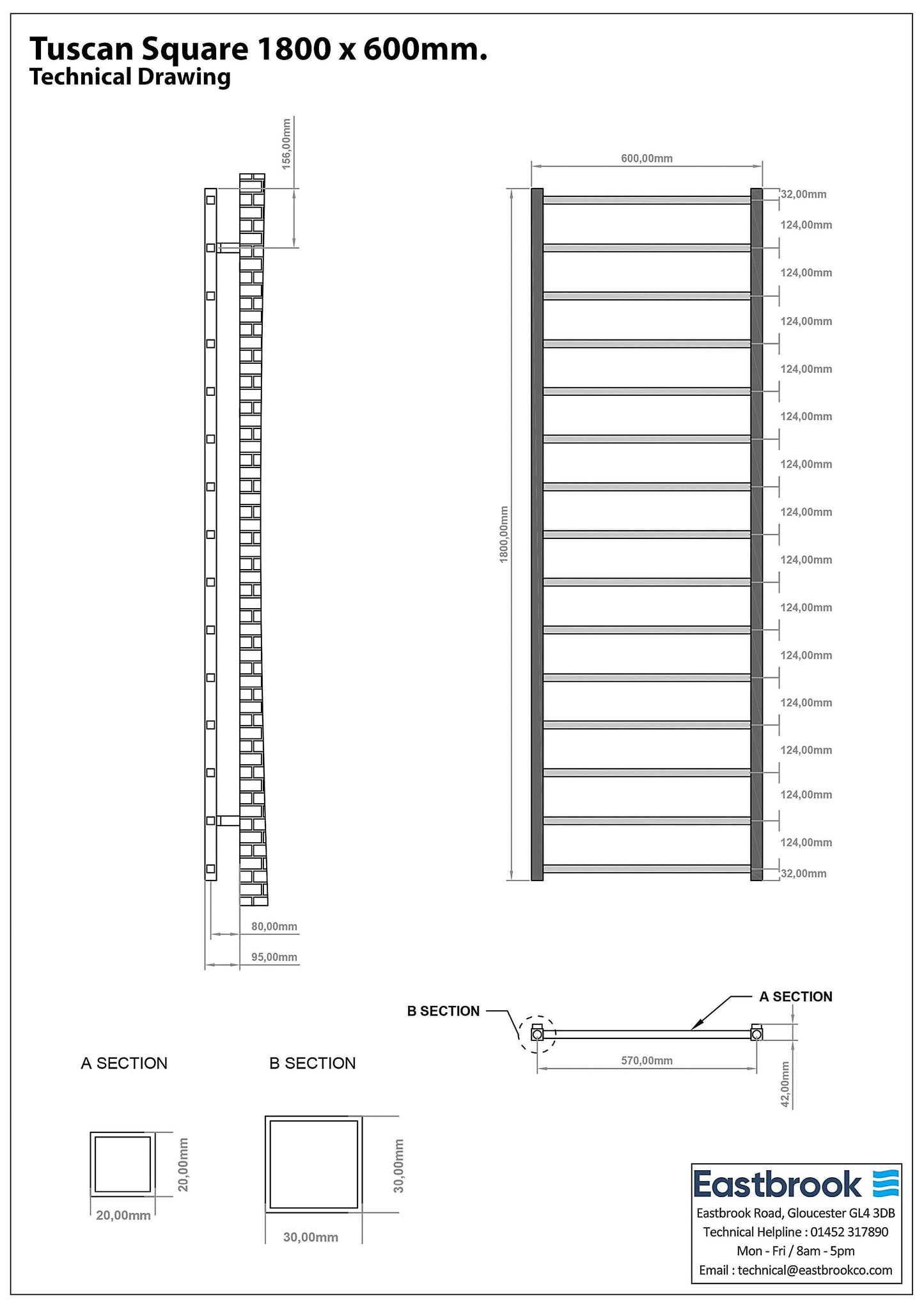 Eastbrook Tuscan Electric Square Matt Anthracite Towel Rail 1800mm x 600mm Technical Image 89.1261-ELE