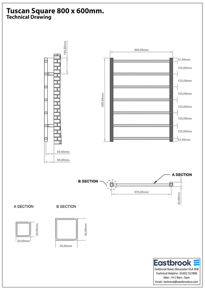 Eastbrook Tuscan Electric Square Matt Anthracite Towel Rail 800mm x 600mm Technical Image 89.1257-ELE
