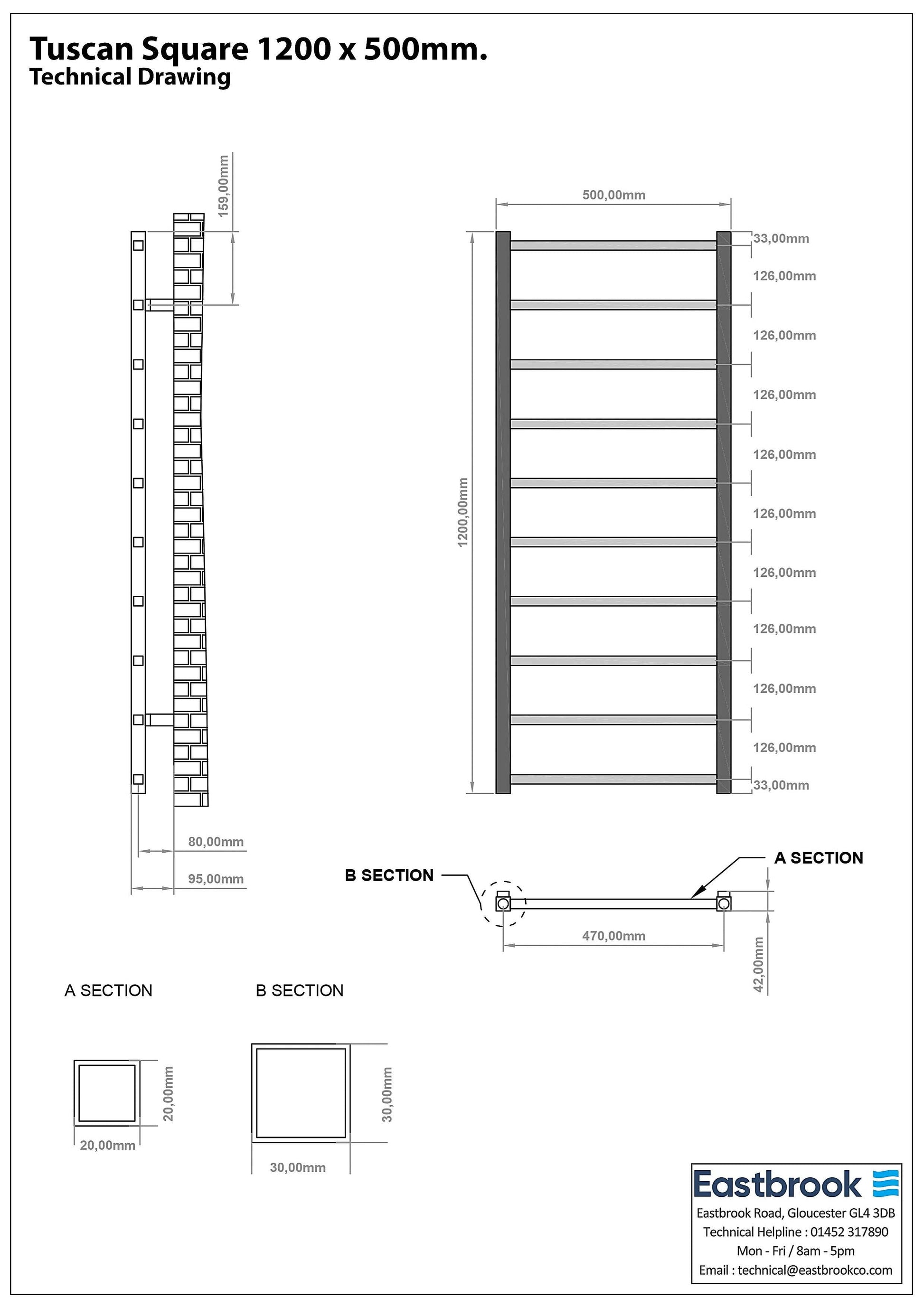 Eastbrook Tuscan Electric Square Matt Grey Towel Rail 1200mm x 500mm Technical Image 89.1252-ELE