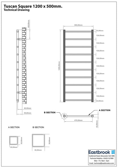 Eastbrook Tuscan Electric Square Matt Grey Towel Rail 1200mm x 500mm Technical Image 89.1252-ELE