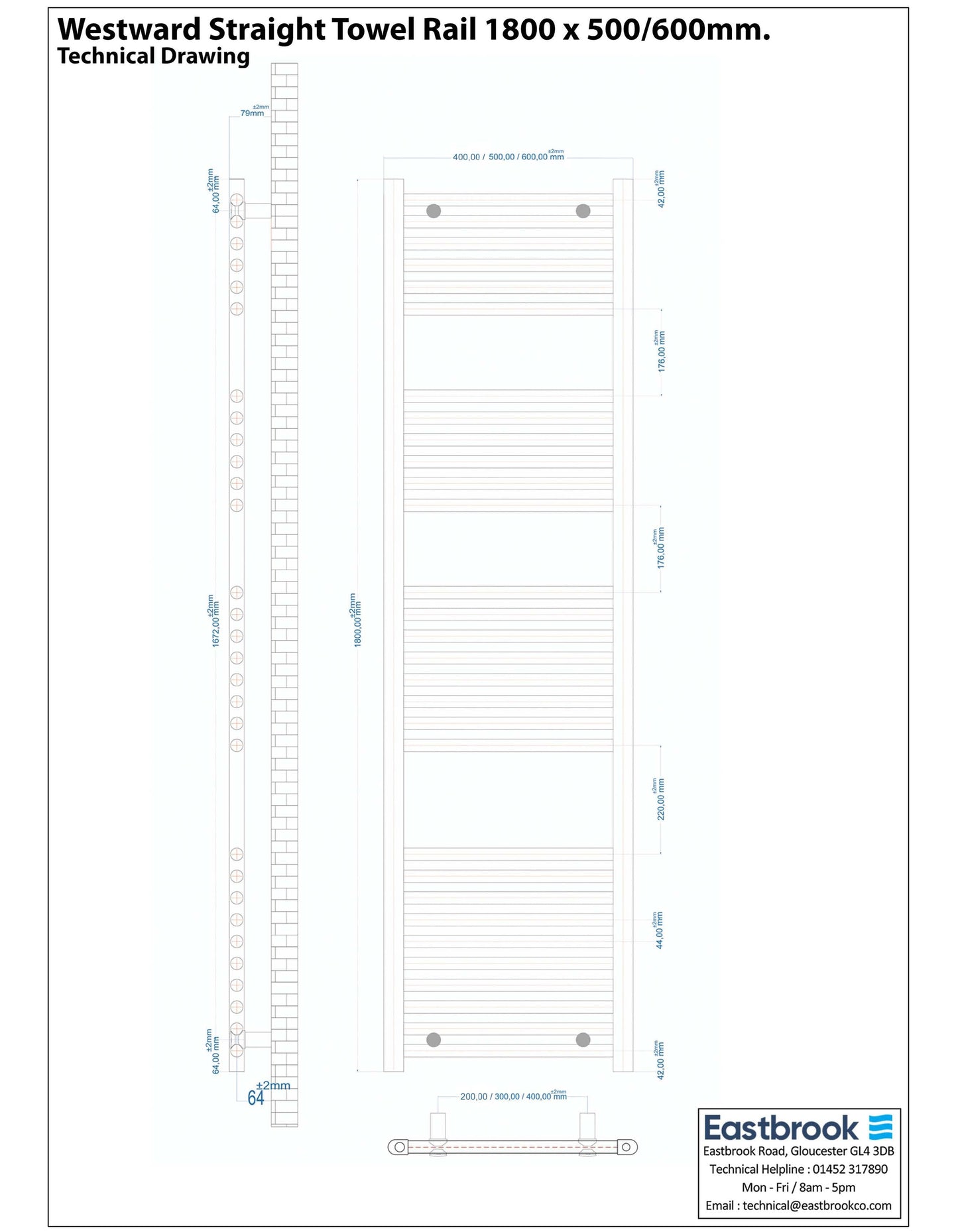Eastbrook Westward Electric Straight Chrome Towel Rail 1800mm x 400mm Technical Image 89.0593-ELE