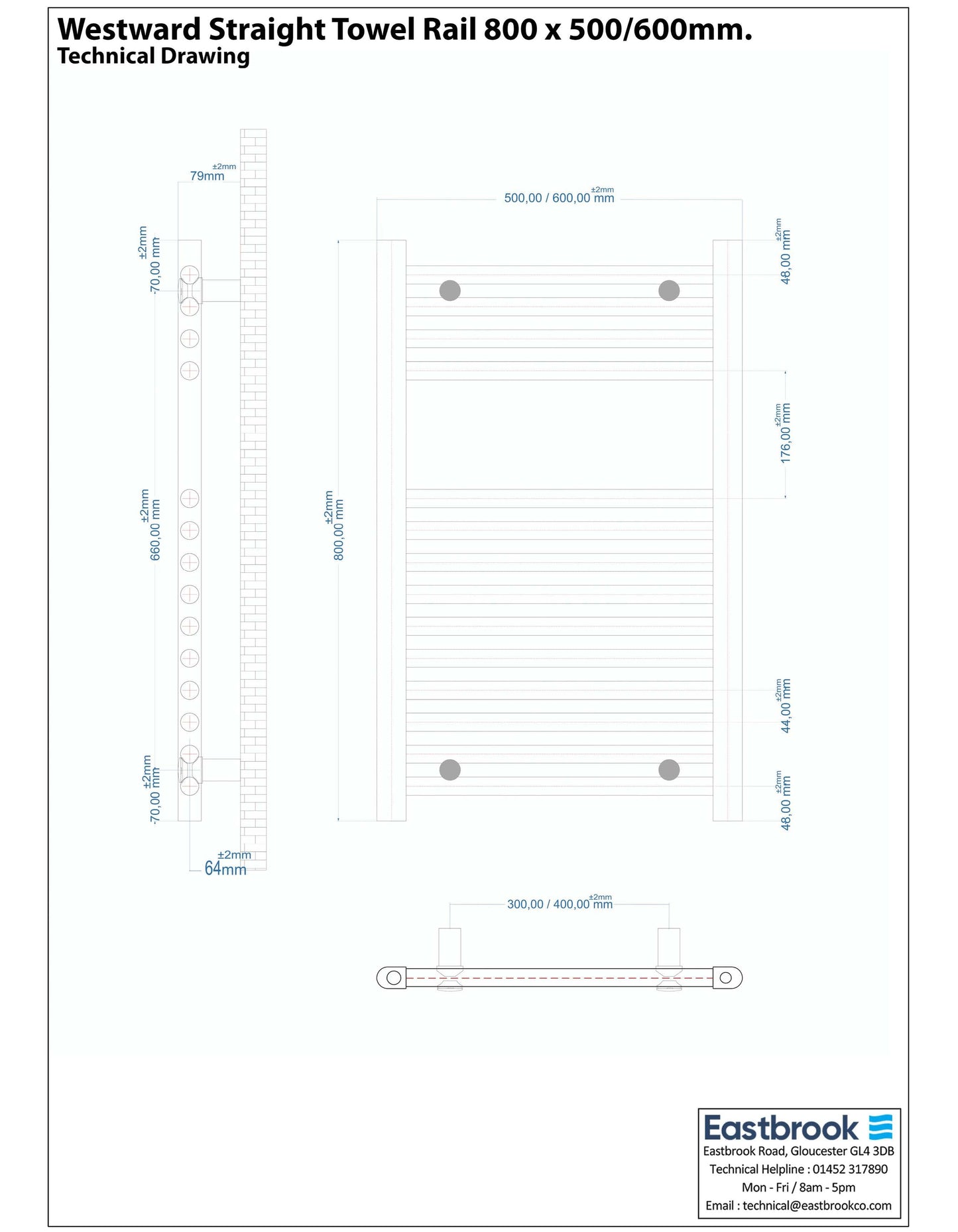 Eastbrook Westward Electric Straight Chrome Towel Rail 800mm x 500mm Technical Image 89.0588-ELE