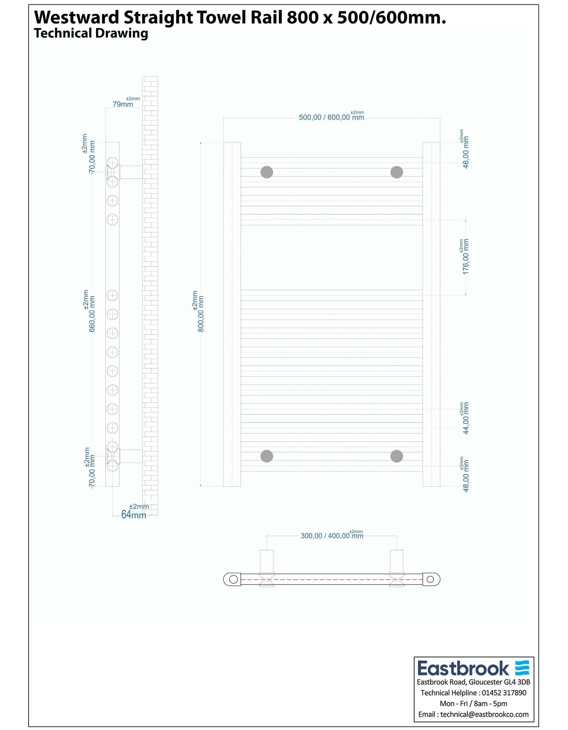 Eastbrook Westward Electric Straight Chrome Towel Rail 800mm x 500mm Technical Image 89.0588-ELE
