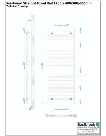 Eastbrook Westward Electric Straight Gloss White Towel Rail 1200mm x 400mm Technical Image 89.0578-ELE